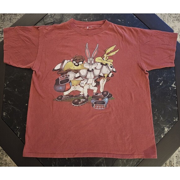 Vintage Looney Tunes Taz Bugs Warner Bros Football Single Stitch T-Shirt XL 90s - Picture 2 of 8